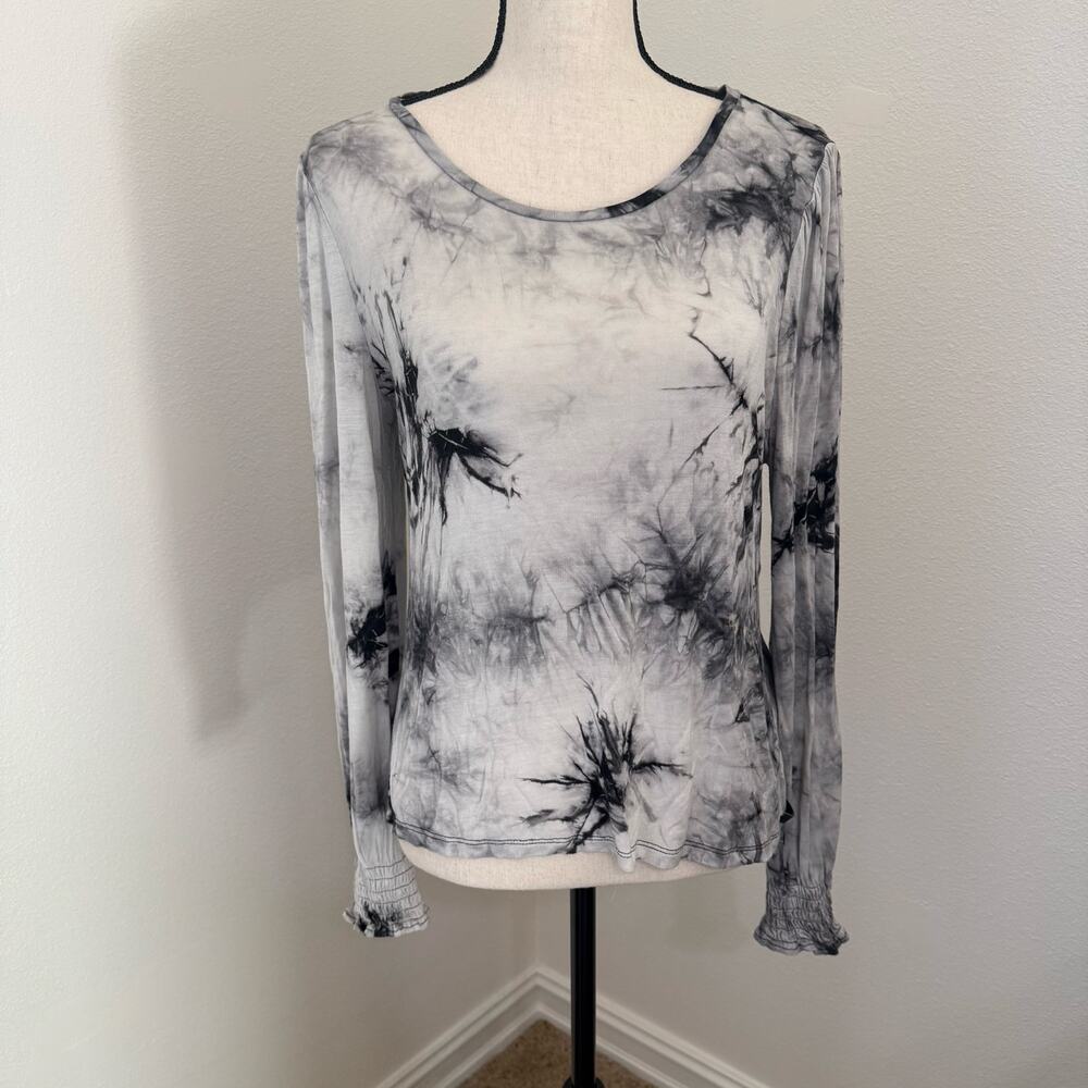 DKNY Black Gray Tie Dye Long Sleeve Tee Shirt Womens Medium EUC